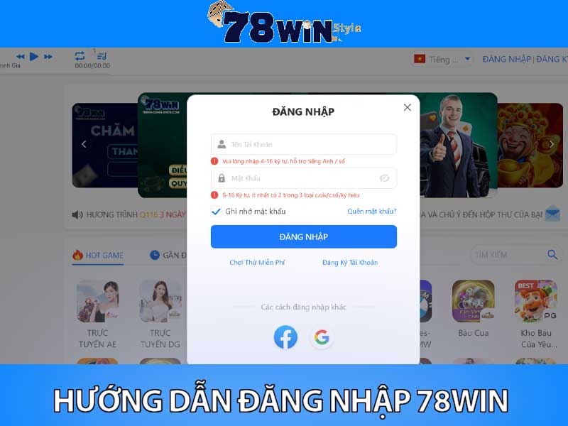 hướng dẫn đăng nhập tài khoản nhà cái 78Win